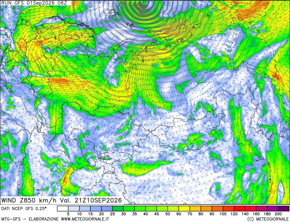 mappa 850 hPa Vento forza e direzione
