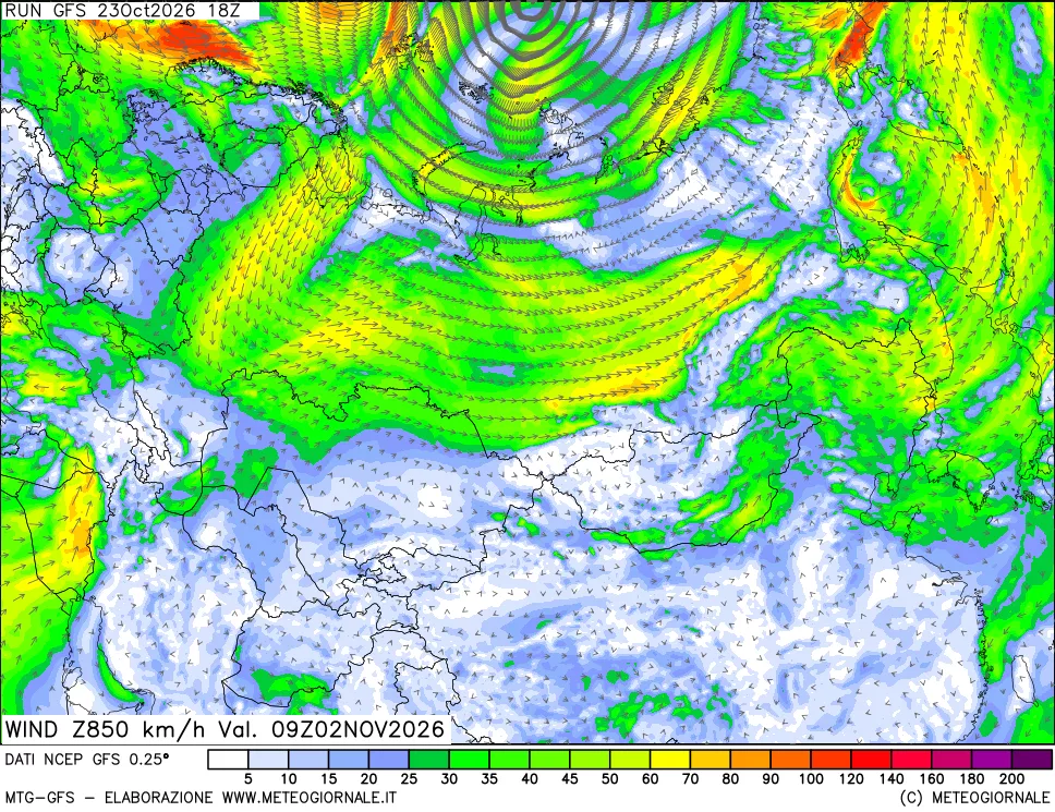 mappa 850 hPa Vento forza e direzione