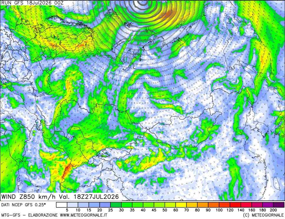 mappa 850 hPa Vento forza e direzione
