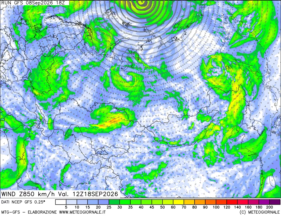 mappa 850 hPa Vento forza e direzione