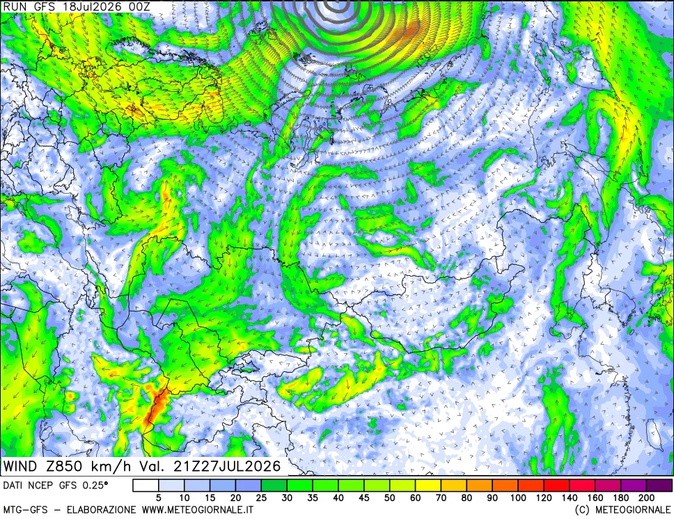 mappa 850 hPa Vento forza e direzione