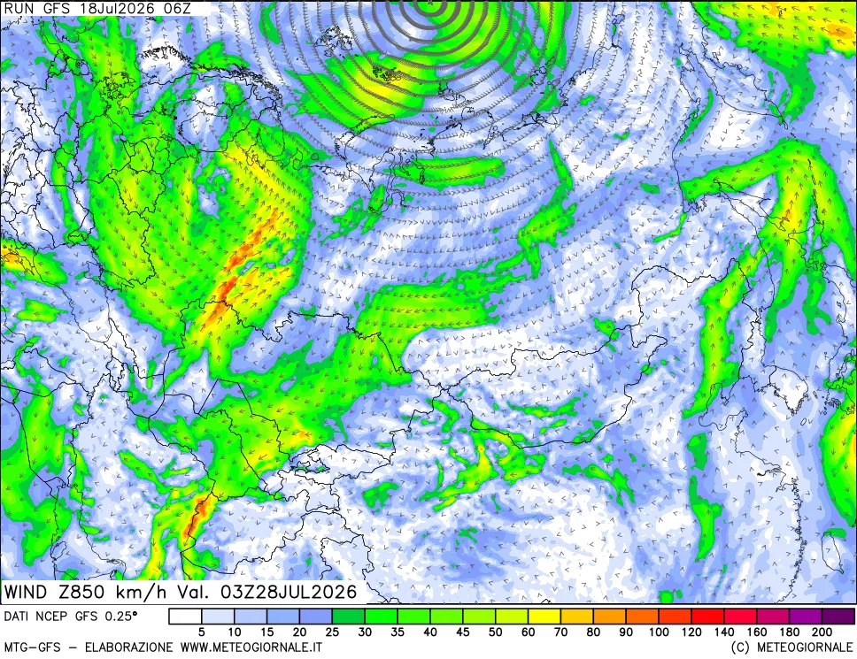 mappa 850 hPa Vento forza e direzione