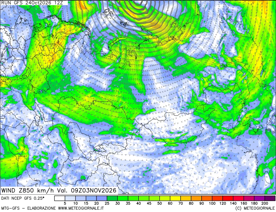 mappa 850 hPa Vento forza e direzione