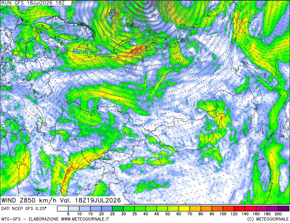 mappa 850 hPa Vento forza e direzione