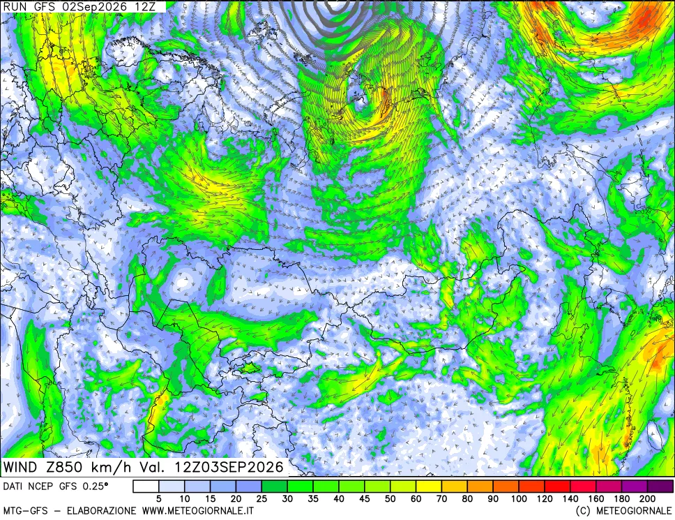 mappa 850 hPa Vento forza e direzione