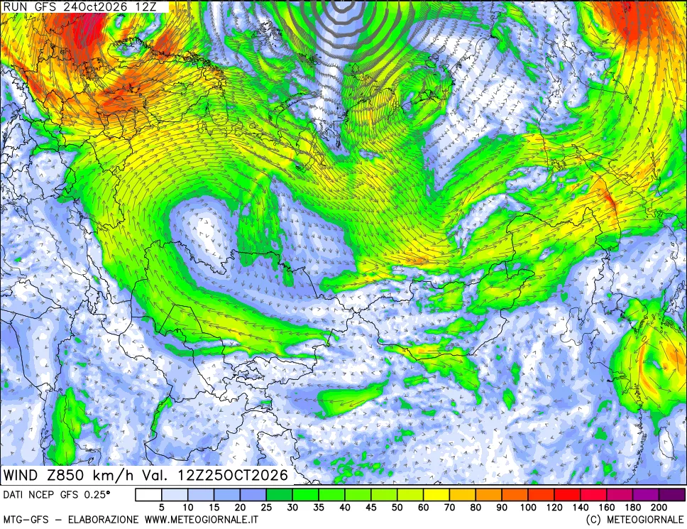 mappa 850 hPa Vento forza e direzione