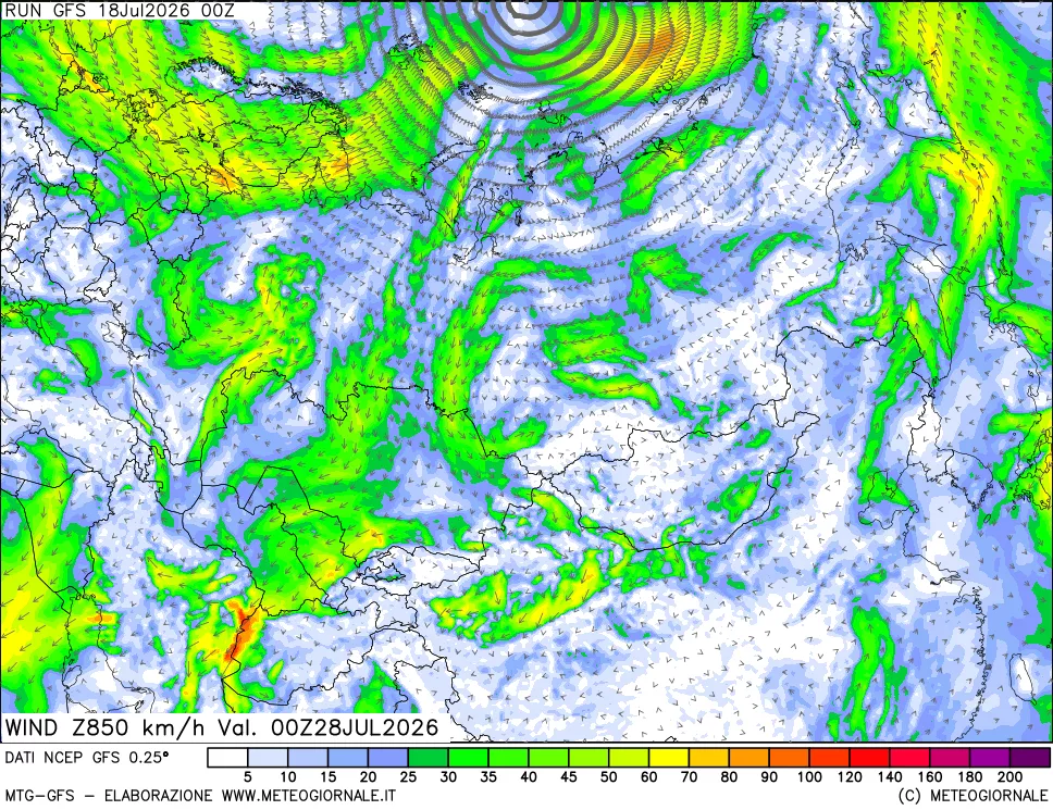 mappa 850 hPa Vento forza e direzione