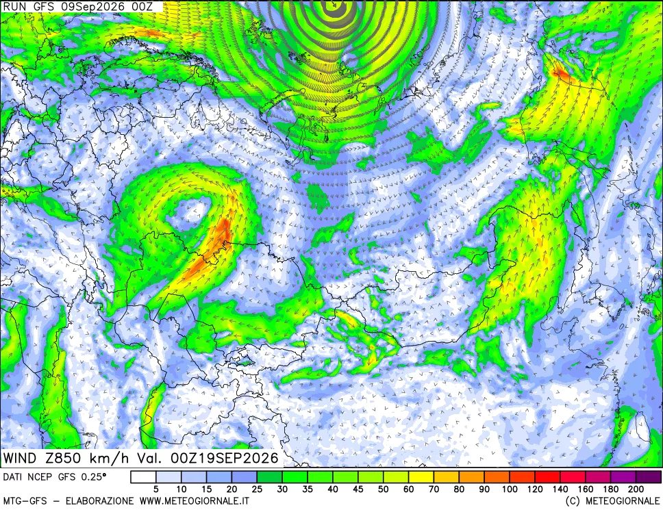 mappa 850 hPa Vento forza e direzione