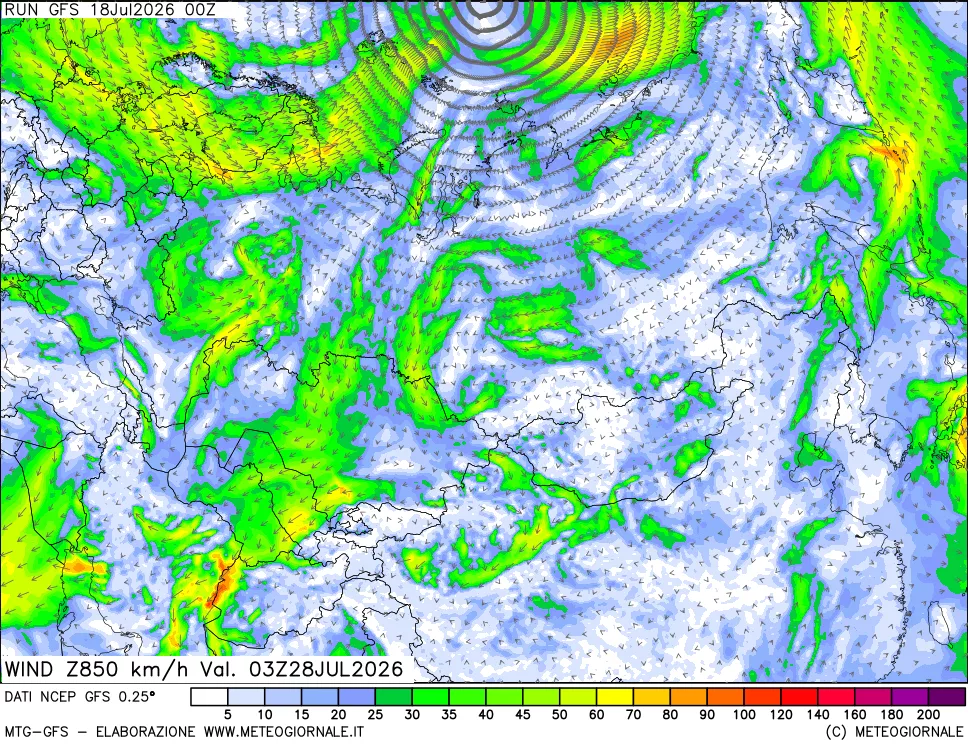 mappa 850 hPa Vento forza e direzione