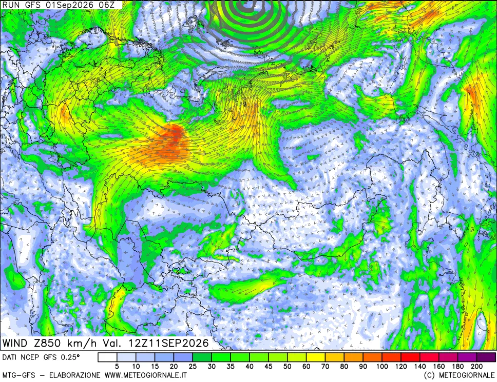 mappa 850 hPa Vento forza e direzione