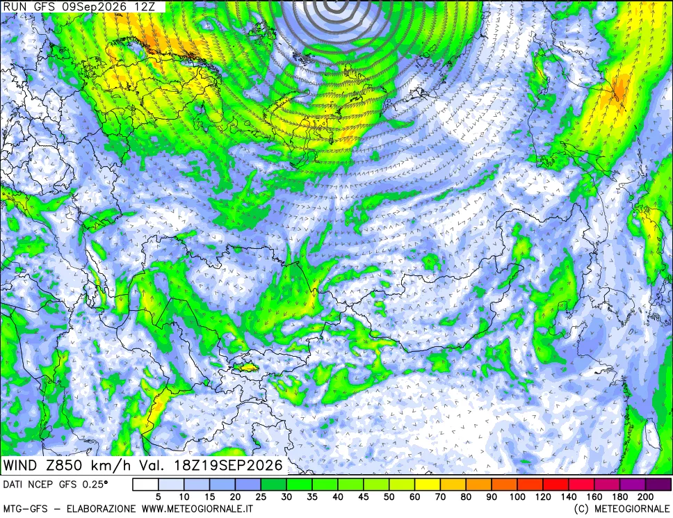 mappa 850 hPa Vento forza e direzione