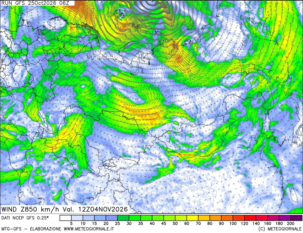 mappa 850 hPa Vento forza e direzione