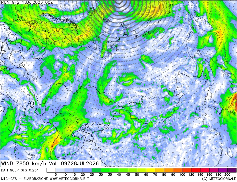 mappa 850 hPa Vento forza e direzione