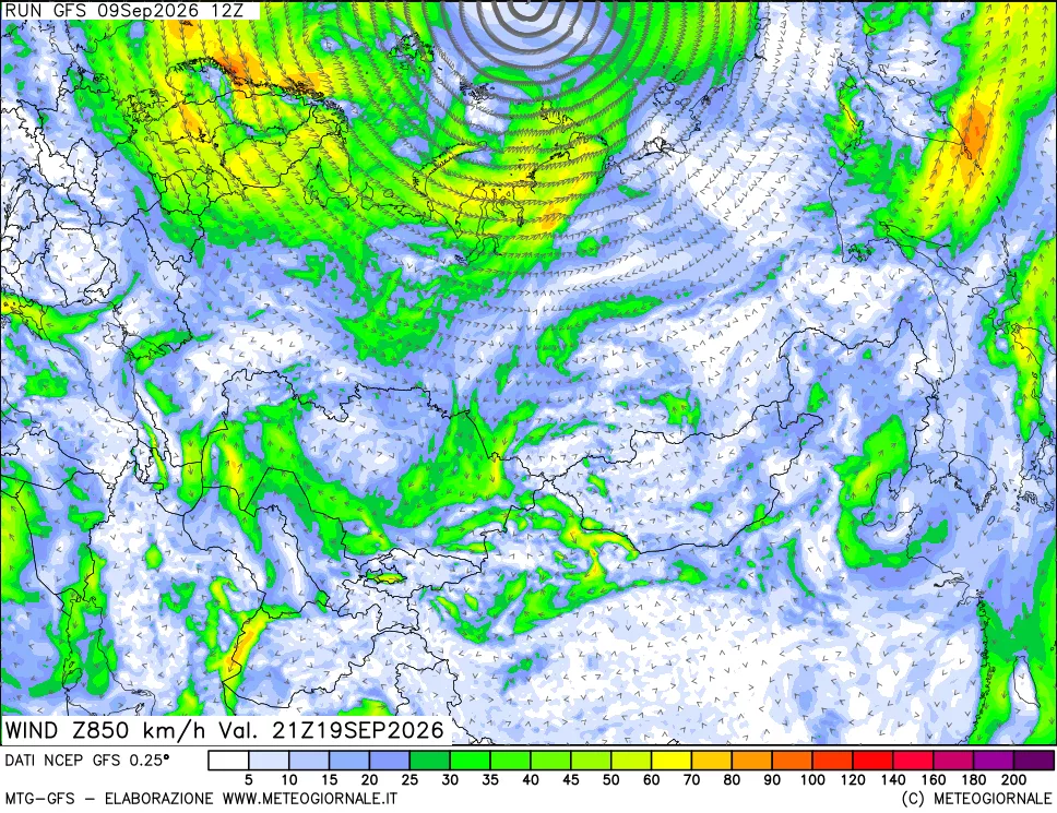 mappa 850 hPa Vento forza e direzione