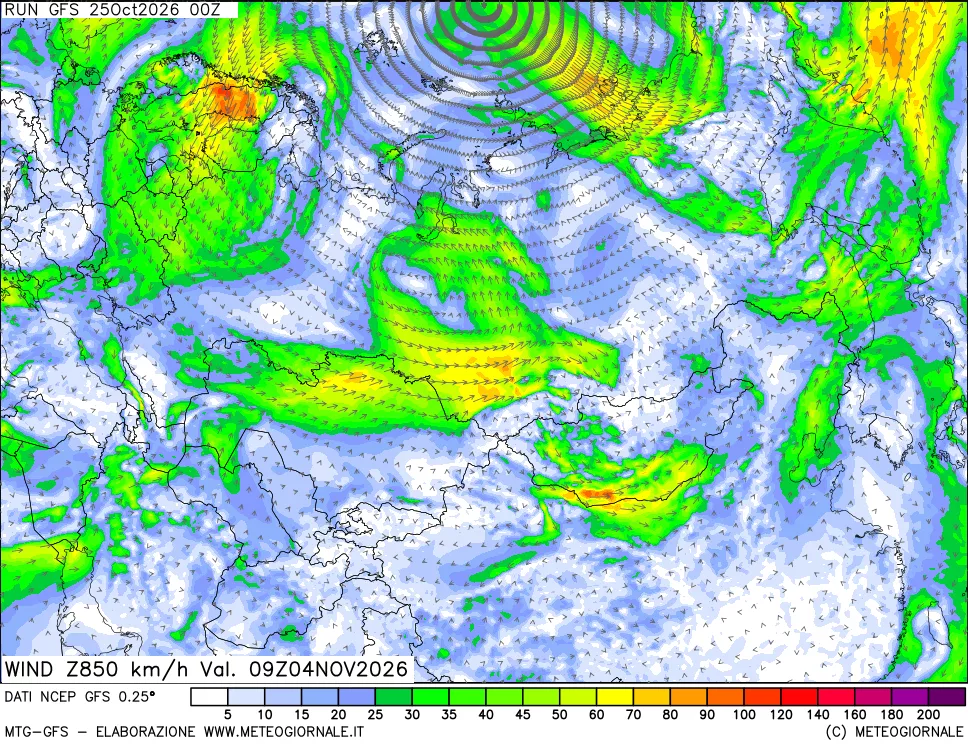 mappa 850 hPa Vento forza e direzione