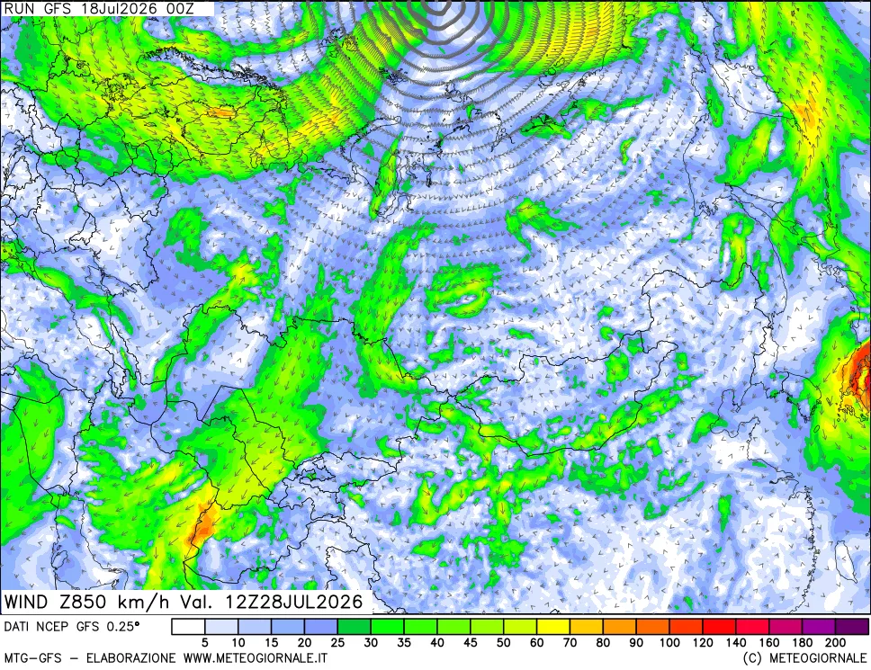 mappa 850 hPa Vento forza e direzione