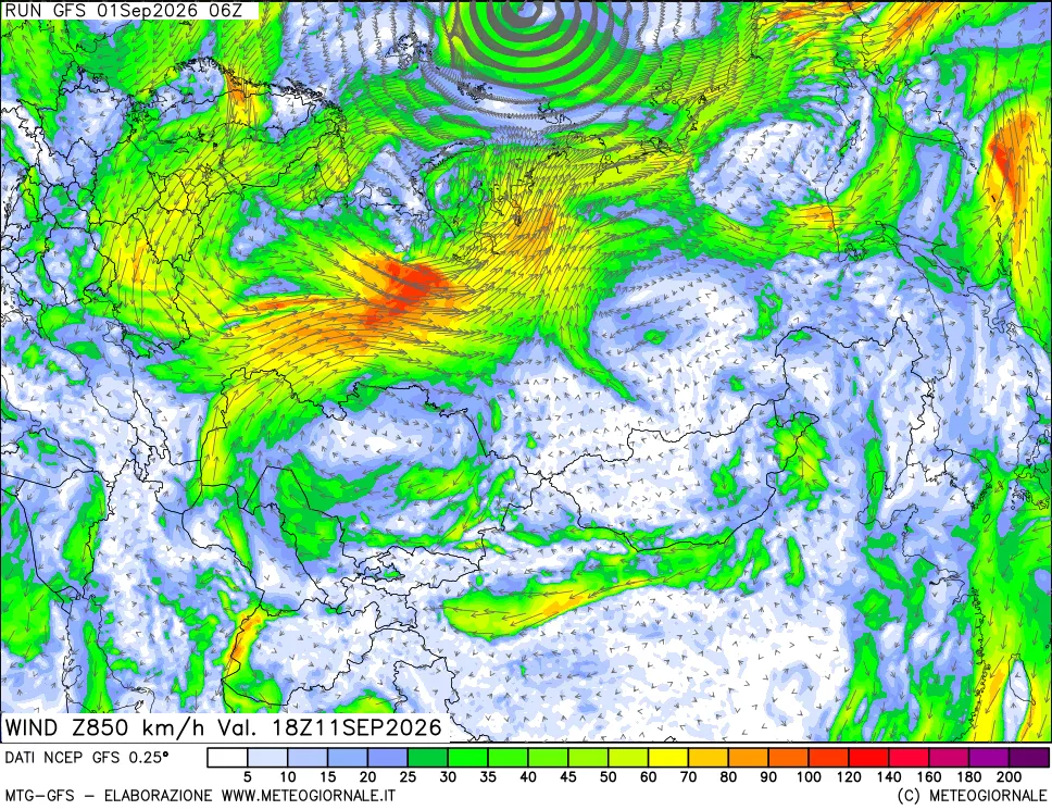 mappa 850 hPa Vento forza e direzione