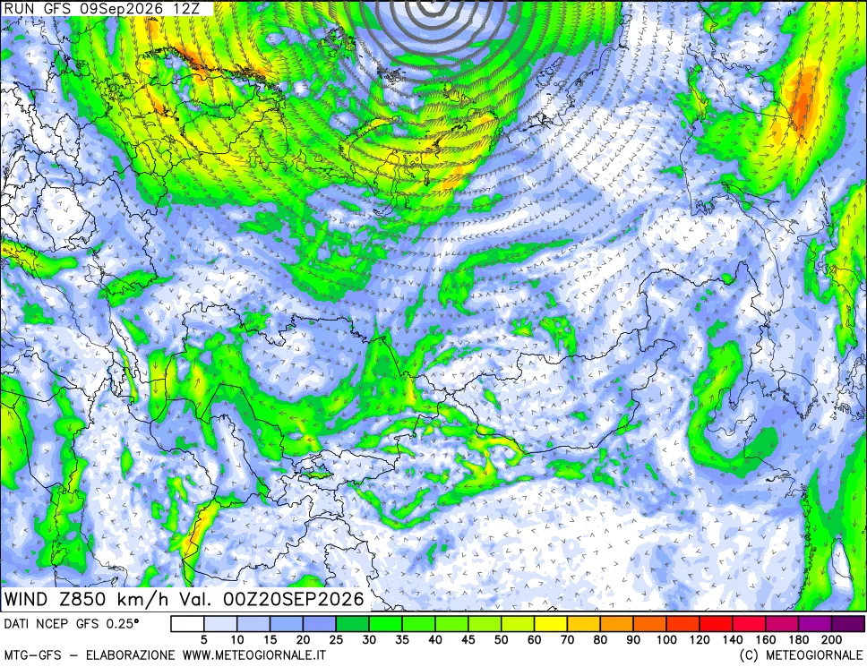 mappa 850 hPa Vento forza e direzione
