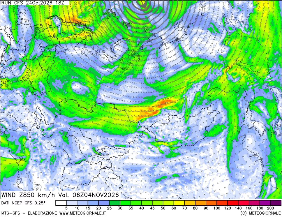 mappa 850 hPa Vento forza e direzione