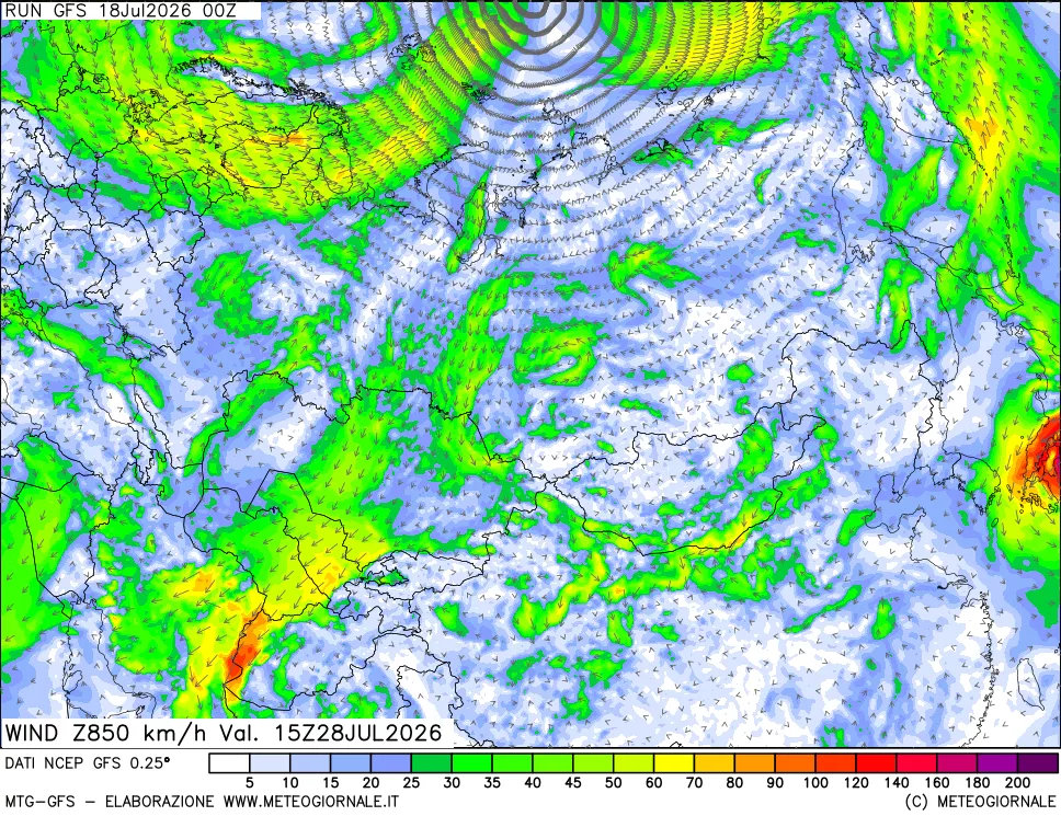 mappa 850 hPa Vento forza e direzione