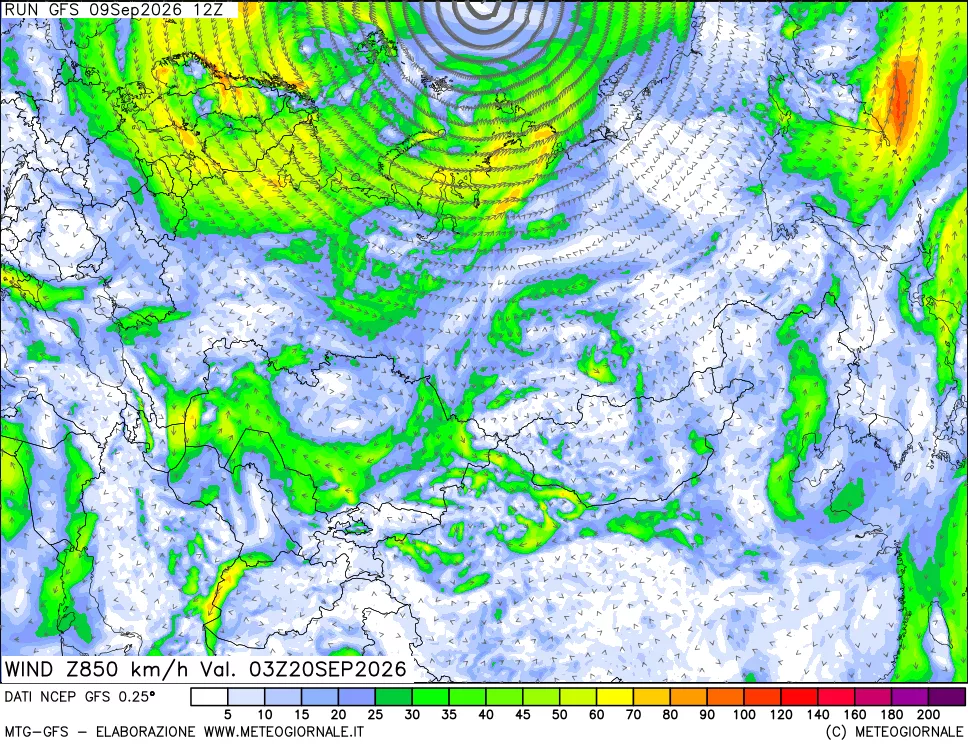 mappa 850 hPa Vento forza e direzione