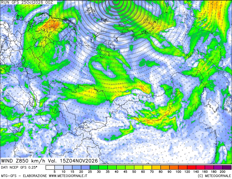 mappa 850 hPa Vento forza e direzione