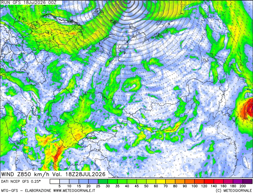 mappa 850 hPa Vento forza e direzione