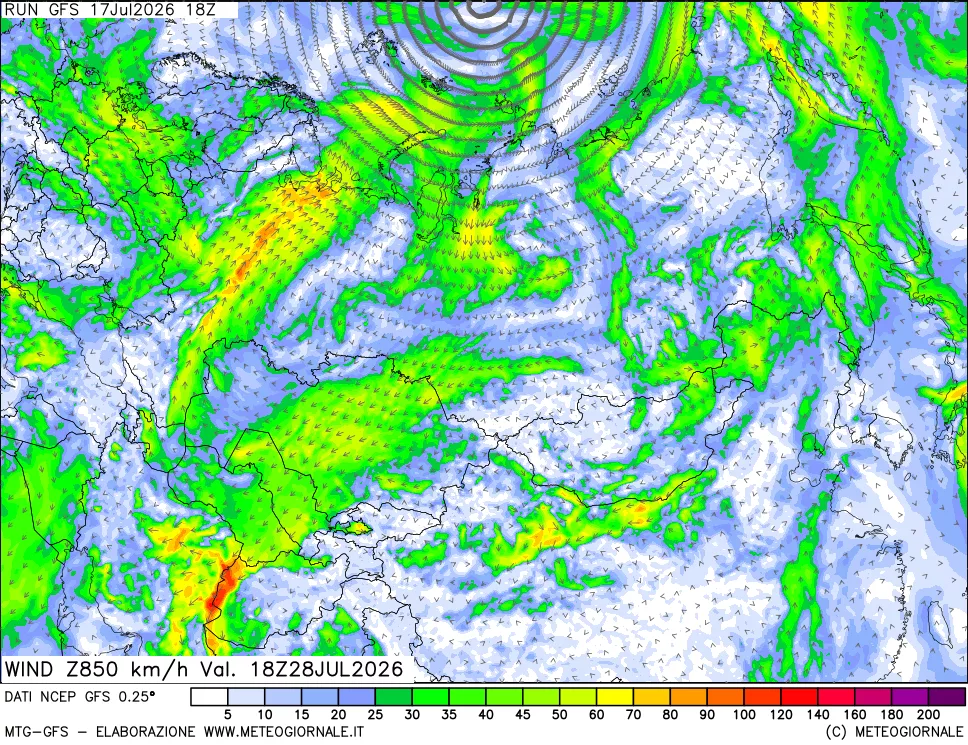 mappa 850 hPa Vento forza e direzione
