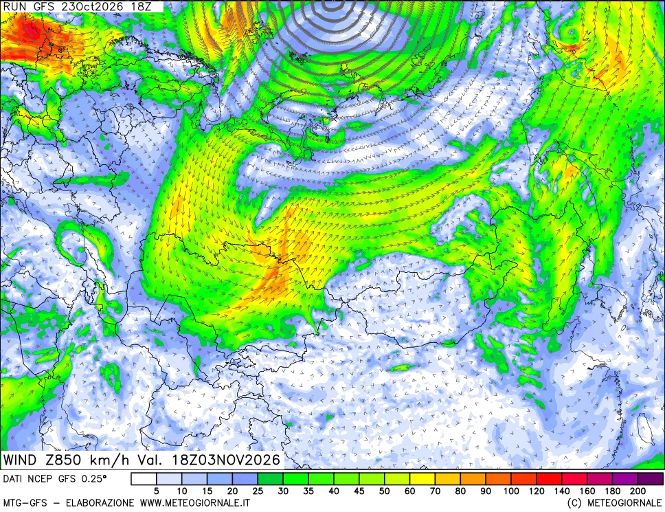 mappa 850 hPa Vento forza e direzione