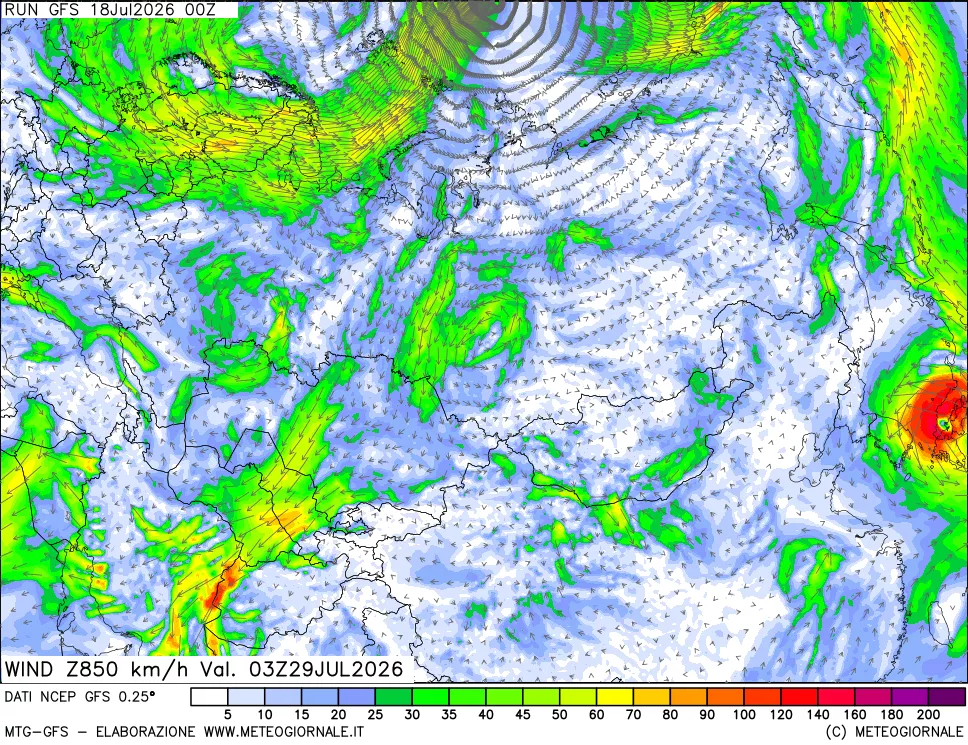 mappa 850 hPa Vento forza e direzione
