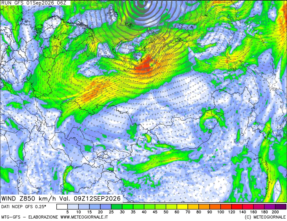 mappa 850 hPa Vento forza e direzione