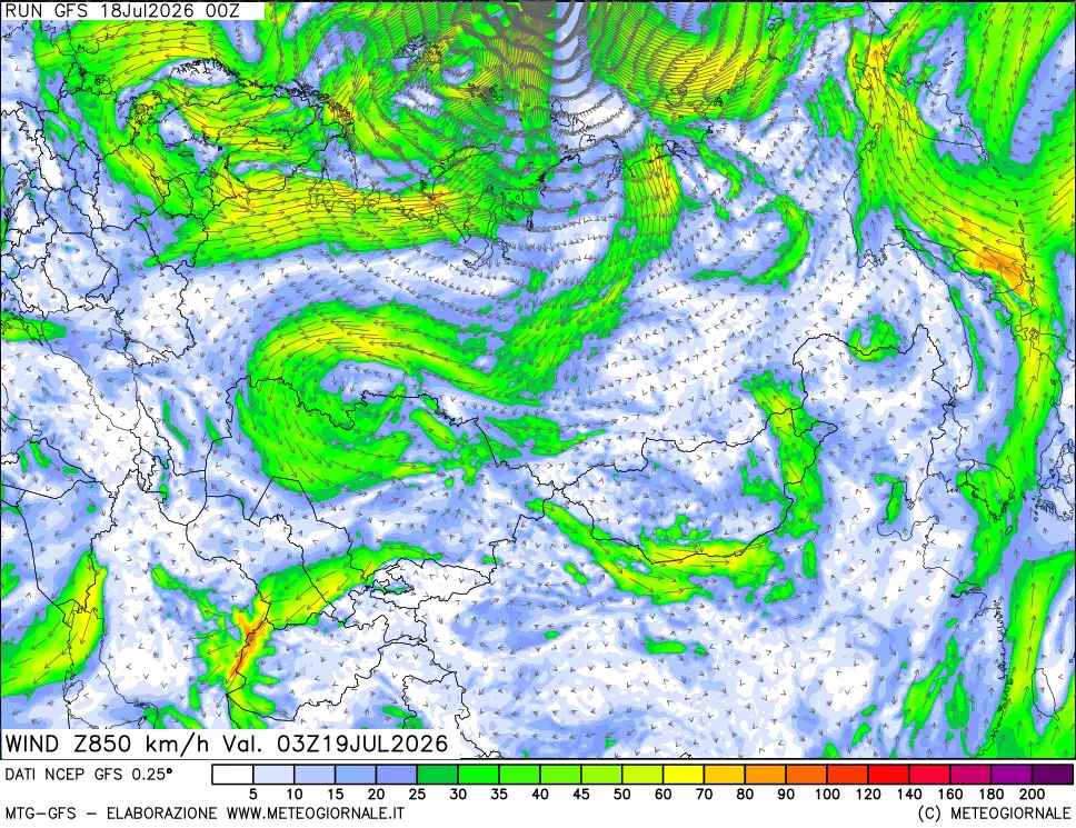 mappa 850 hPa Vento forza e direzione
