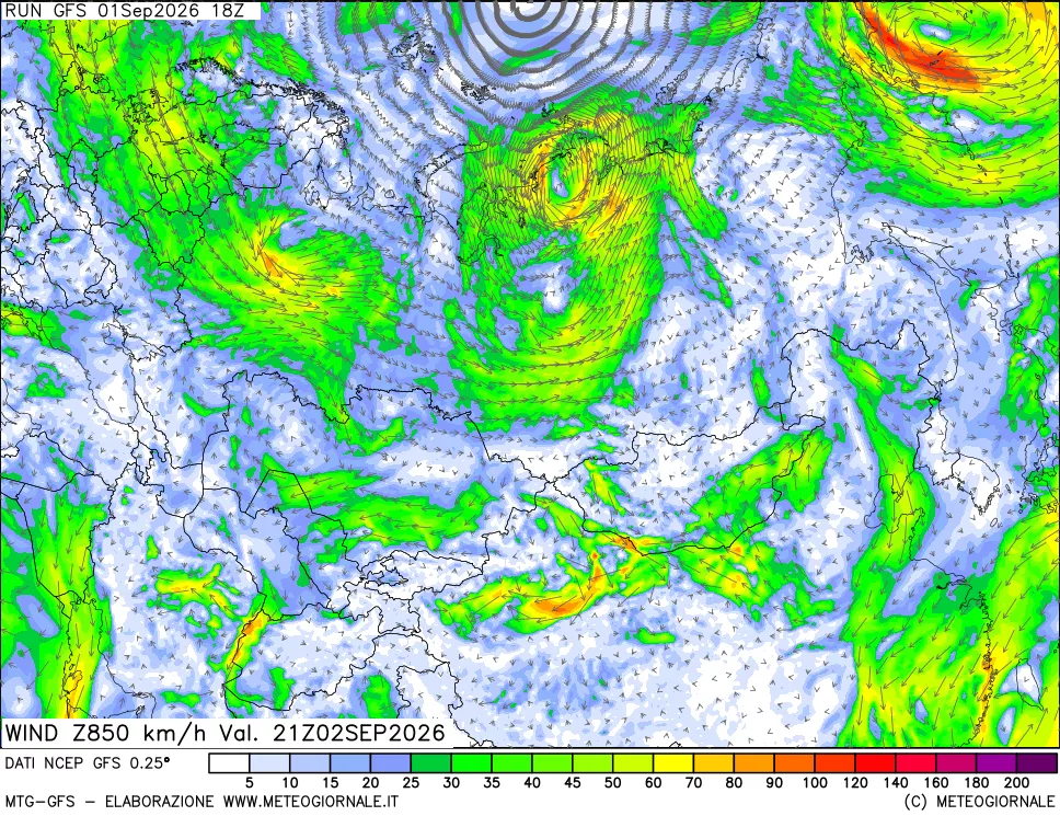 mappa 850 hPa Vento forza e direzione