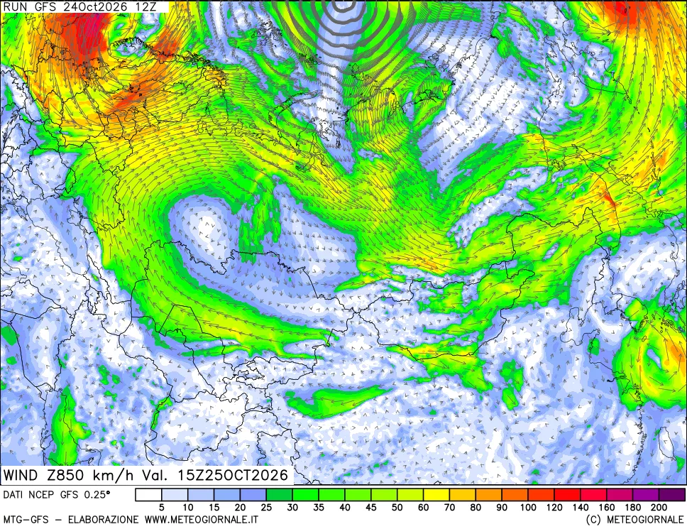 mappa 850 hPa Vento forza e direzione