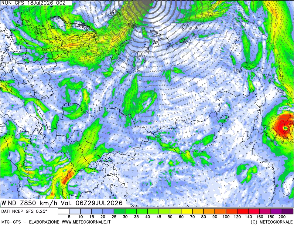 mappa 850 hPa Vento forza e direzione