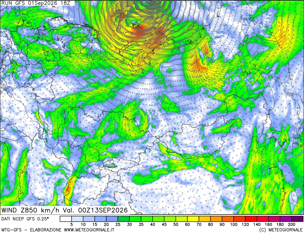 mappa 850 hPa Vento forza e direzione