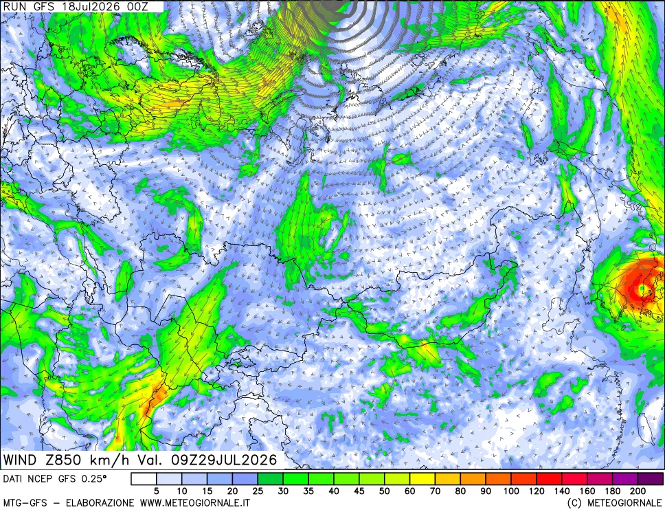 mappa 850 hPa Vento forza e direzione