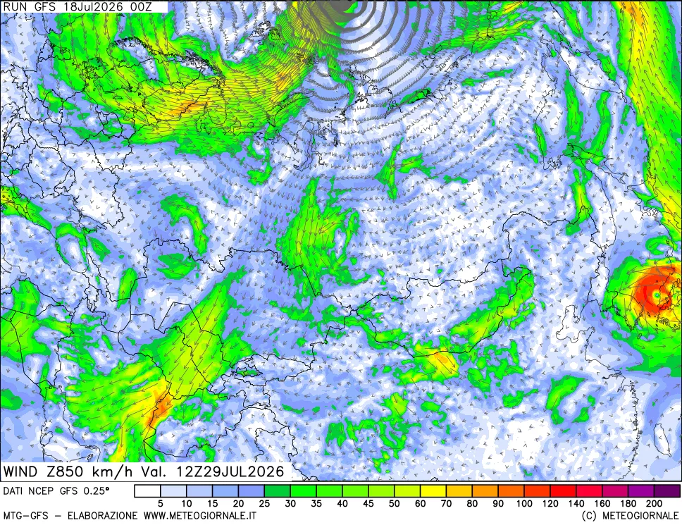 mappa 850 hPa Vento forza e direzione
