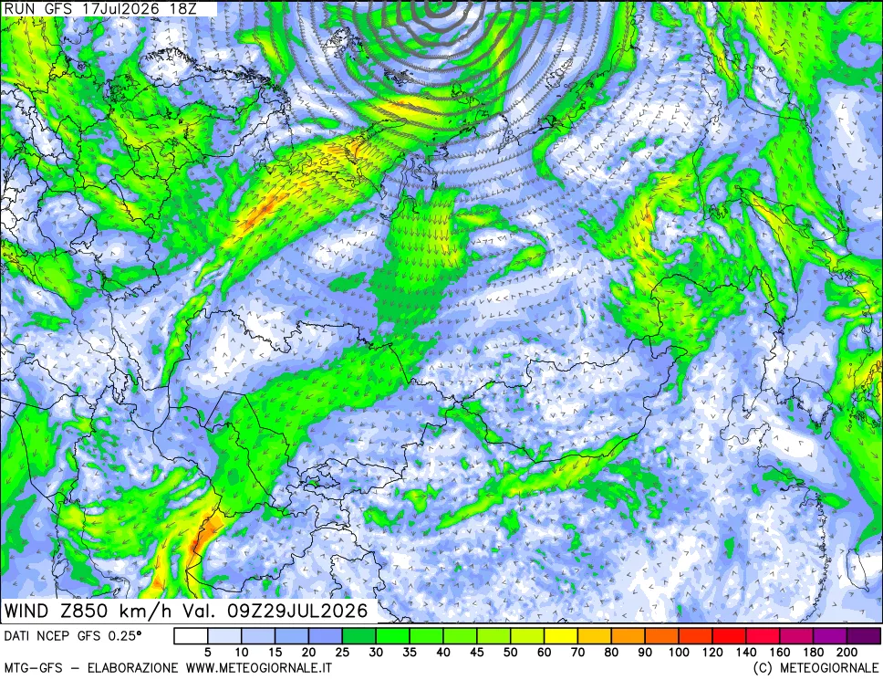 mappa 850 hPa Vento forza e direzione
