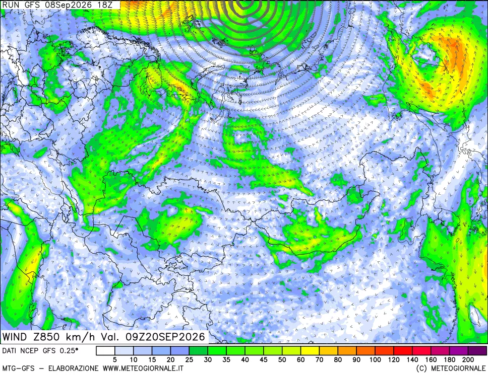 mappa 850 hPa Vento forza e direzione