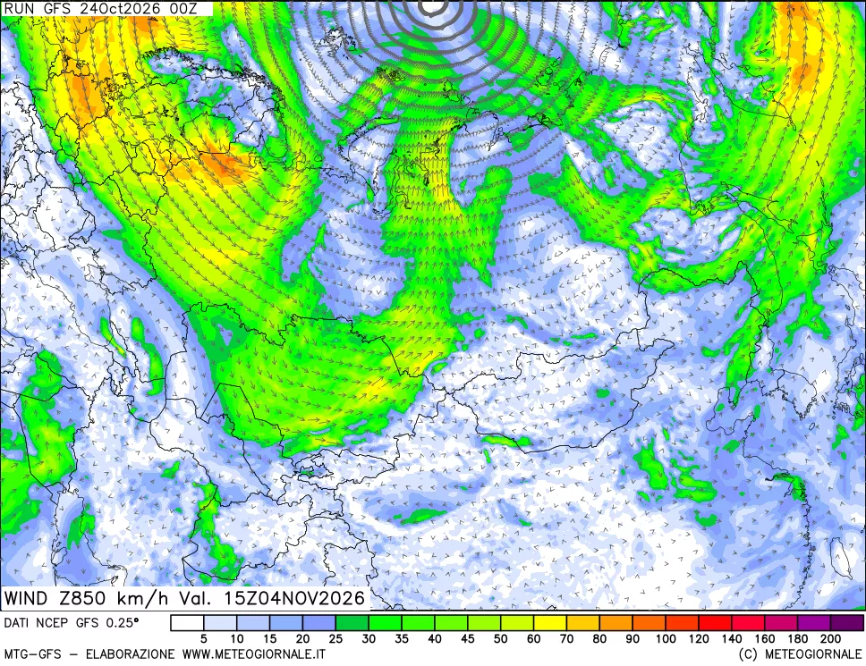 mappa 850 hPa Vento forza e direzione