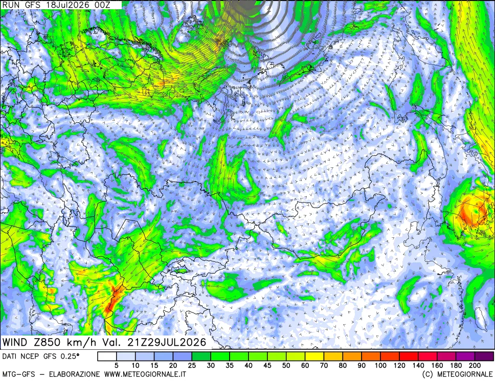 mappa 850 hPa Vento forza e direzione