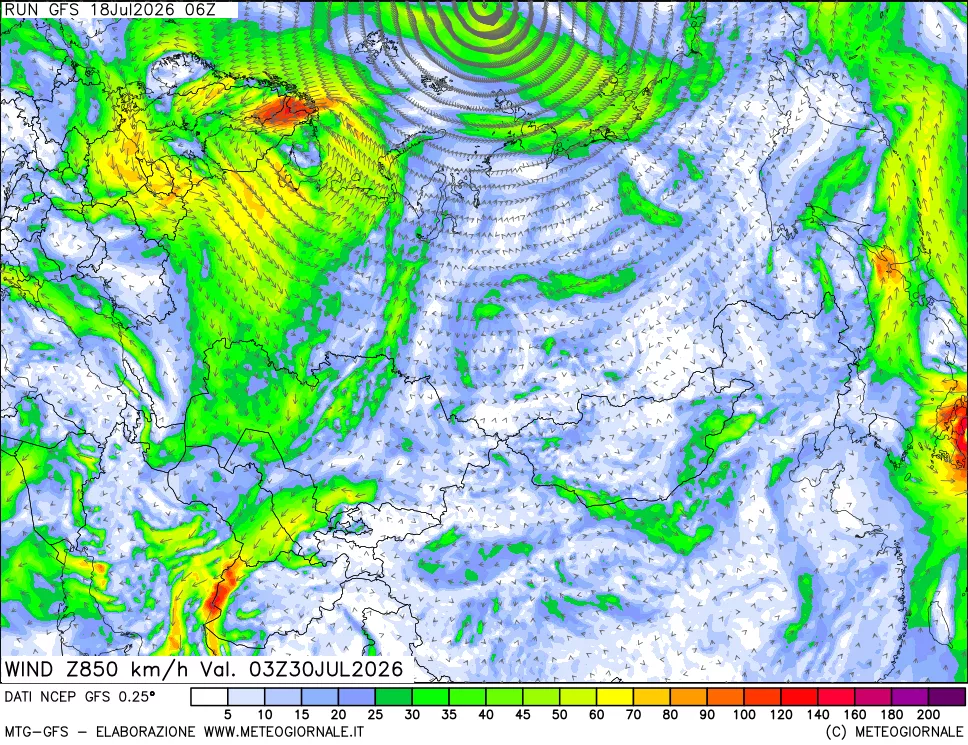 mappa 850 hPa Vento forza e direzione