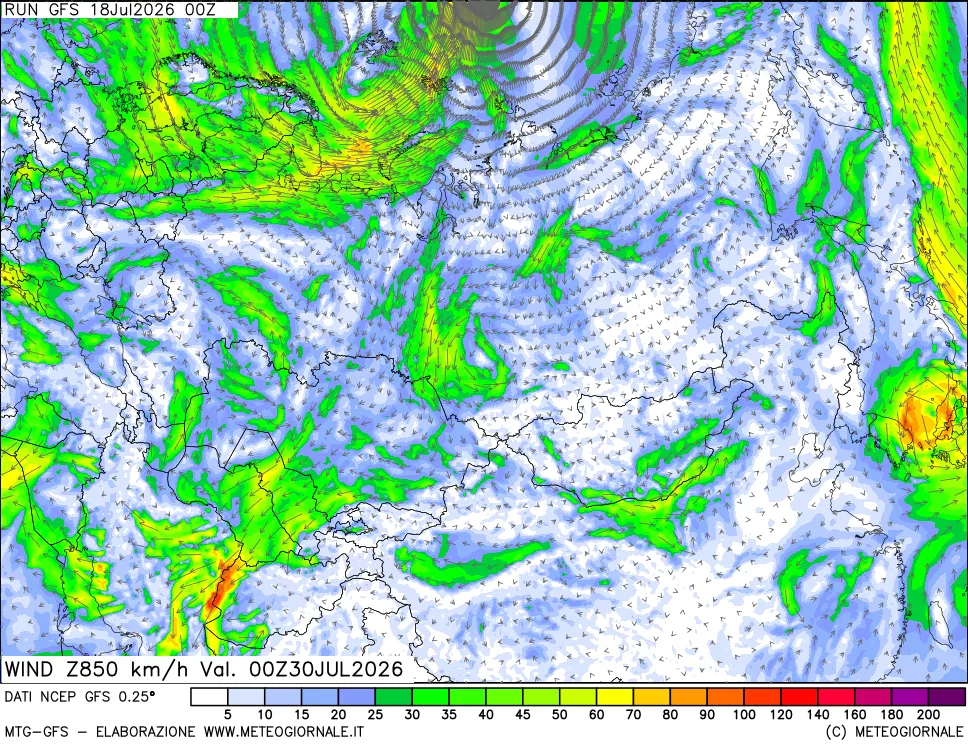 mappa 850 hPa Vento forza e direzione