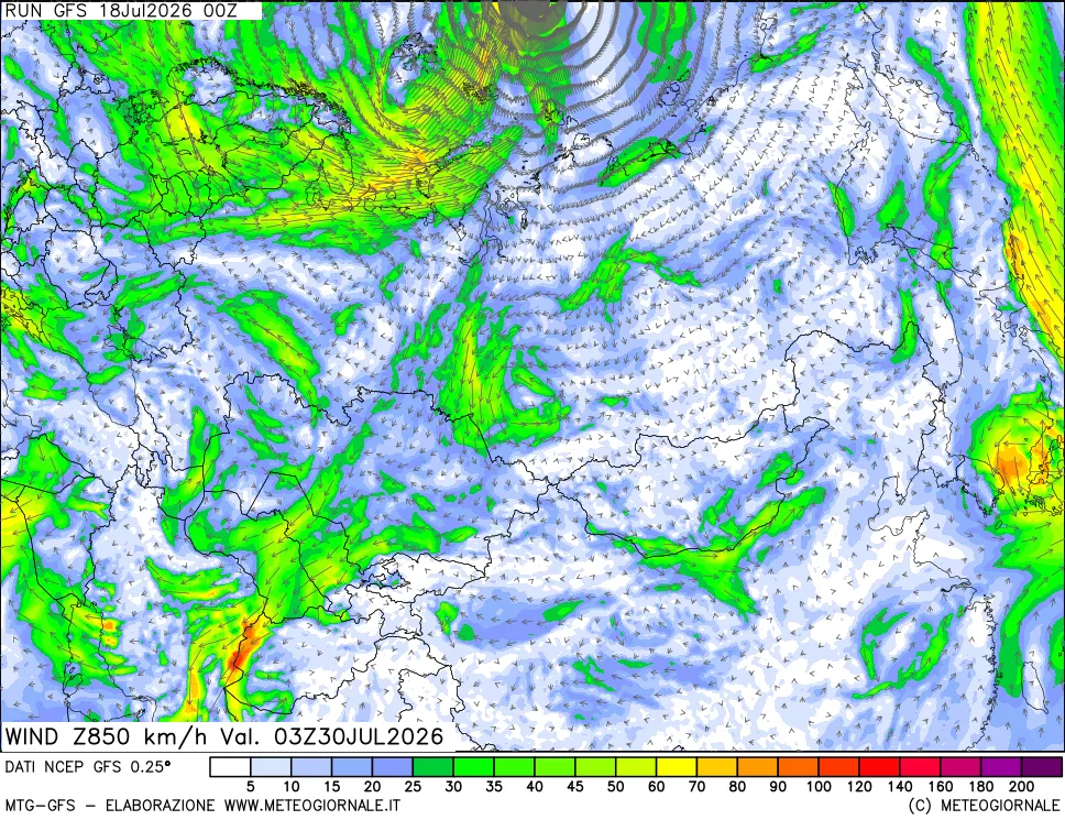 mappa 850 hPa Vento forza e direzione