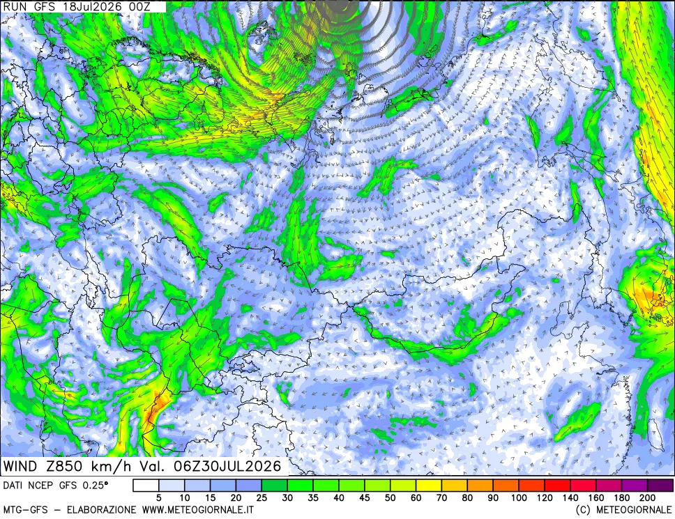 mappa 850 hPa Vento forza e direzione