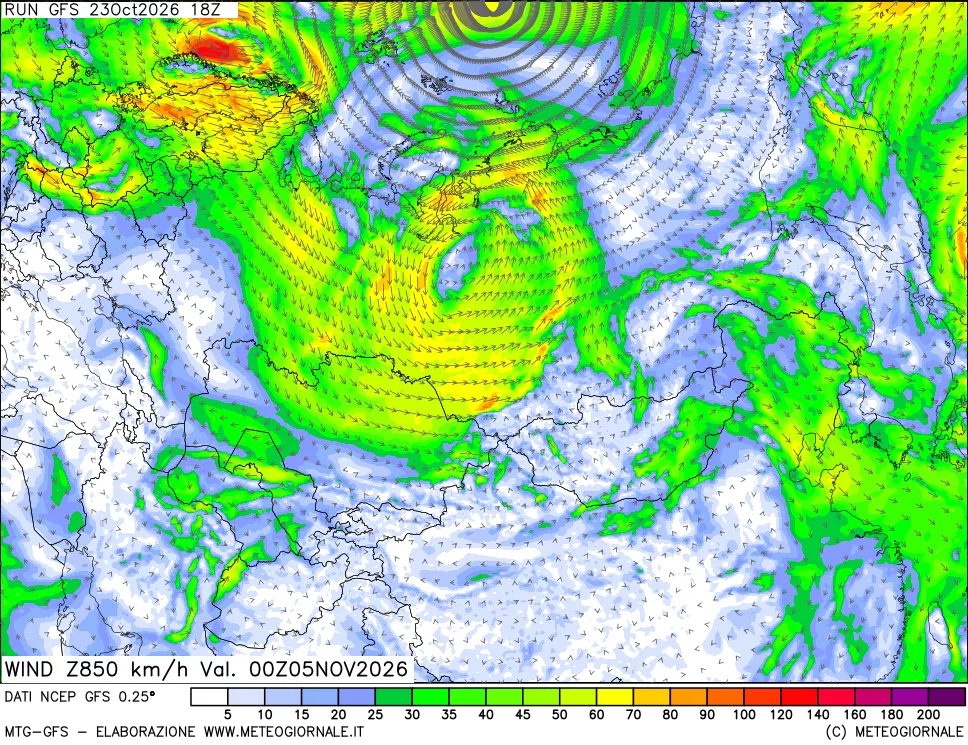 mappa 850 hPa Vento forza e direzione