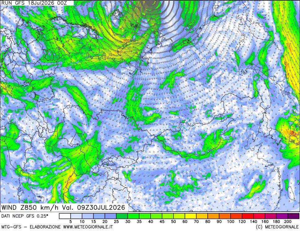 mappa 850 hPa Vento forza e direzione