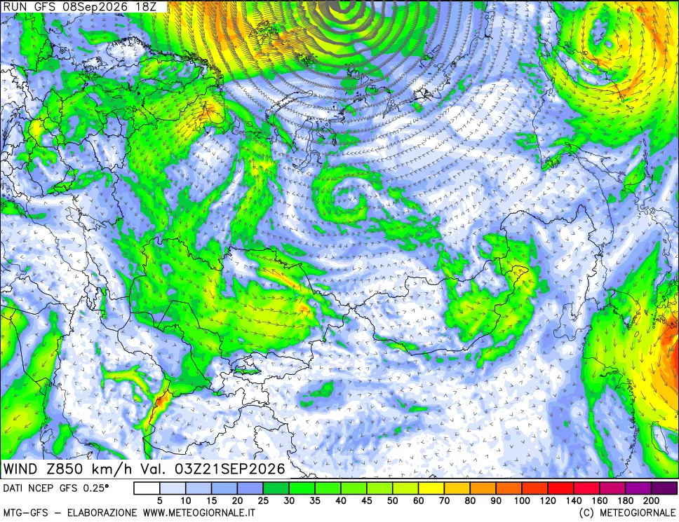 mappa 850 hPa Vento forza e direzione
