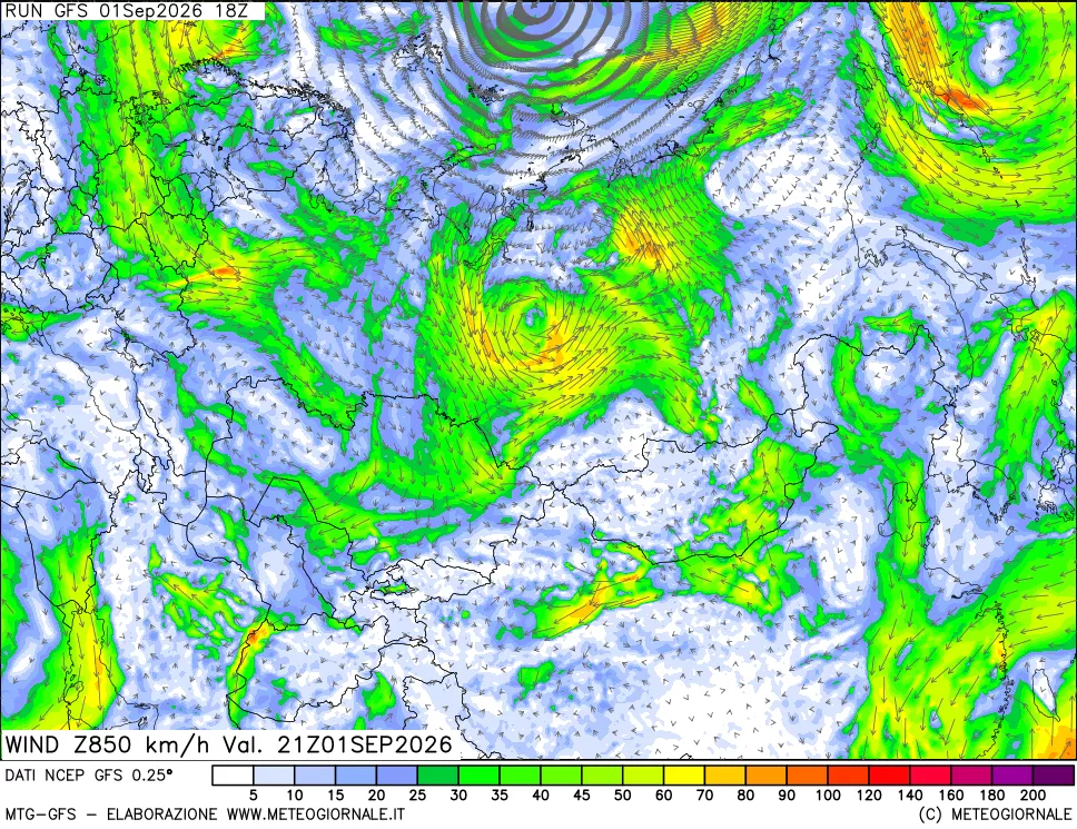 mappa 850 hPa Vento forza e direzione